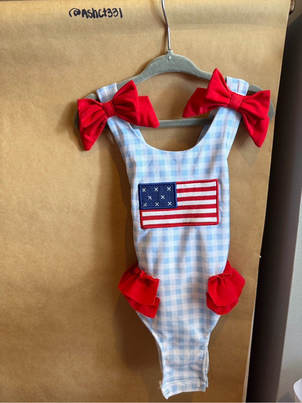 Girls' Red & Light Blue Gingham One-Piece Swimsuit with American Flag Patch